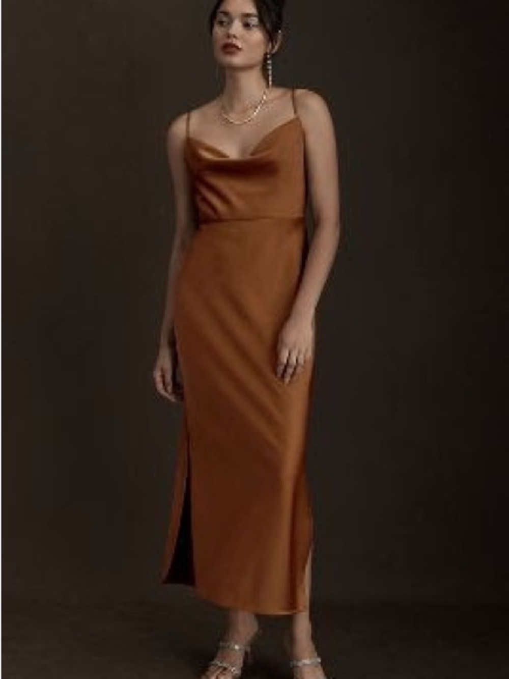 BHLDN Satin Cowl Neck Slip Dress in Caramel Brown